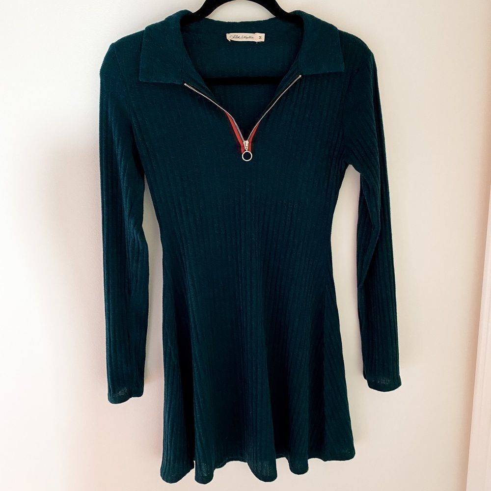 NEW Chloe & Katie Long Sleeve Zip Up Collar Skater Dress Dark Green Size Medium